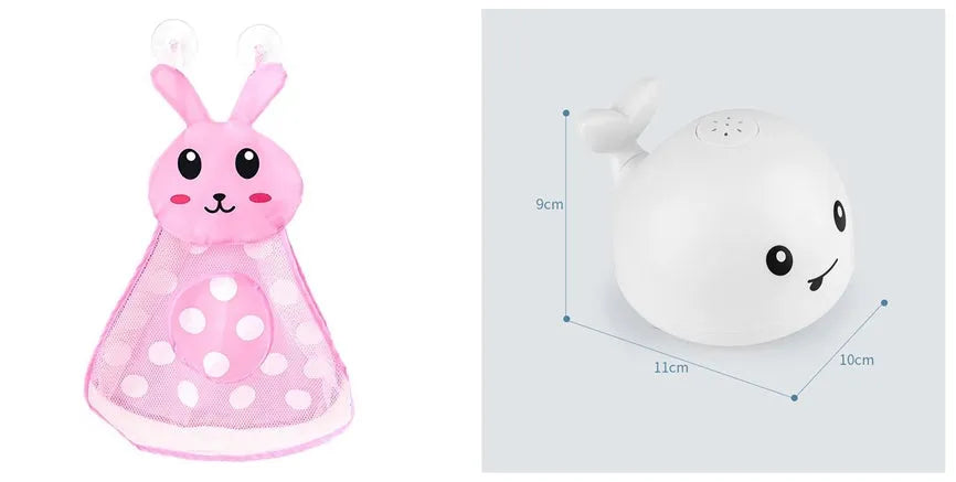 Automatic electric whale bath toy spraying water with LED lights on, floating in a baby bath.