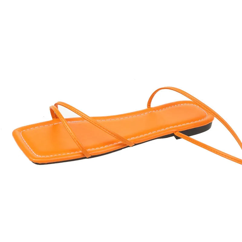 Women's flat sandals with square toe and ankle ring bandage detail in PU and rubber