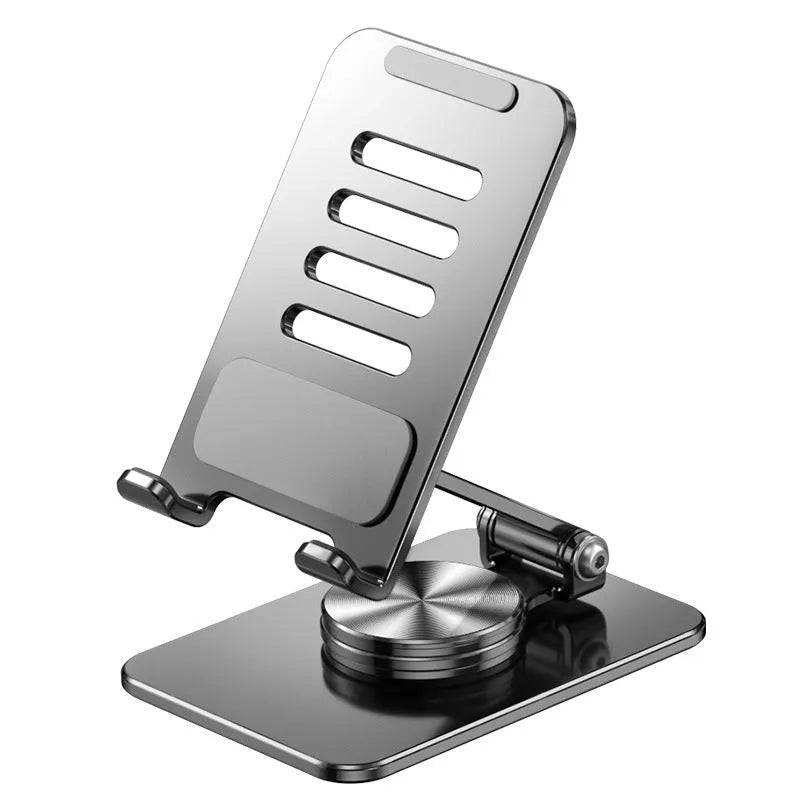 Rotatable folding mobile desktop stand phone holder in black on a desk showing adjustable angle
