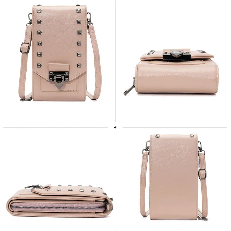 Rivet design solid colour PU leather crossbody bag for women, vertical square shape with cover closure and card slot