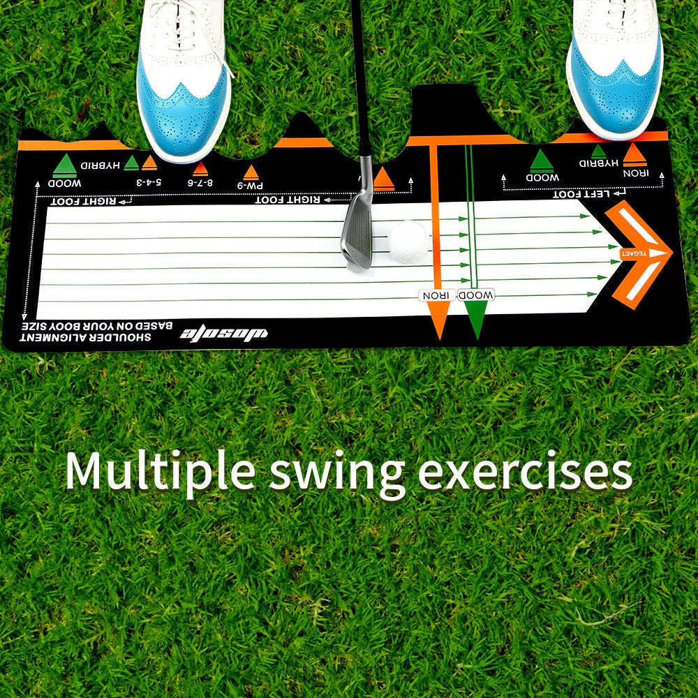 Black neoprene golf swing posture correction mat for stance alignment practice.