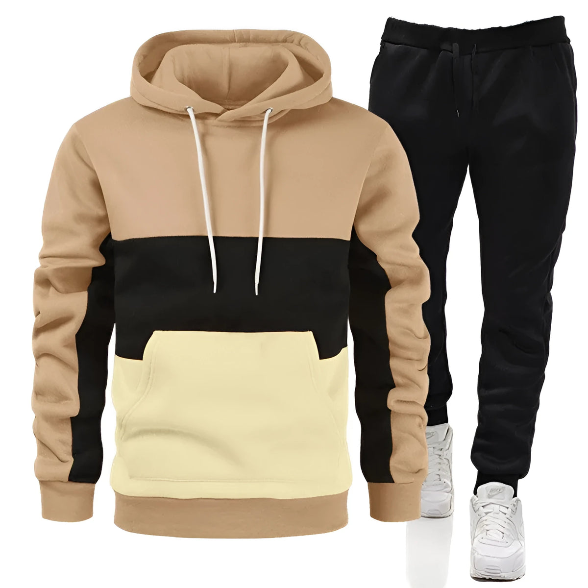 Men's colour block hoodie sportswear suit with long-sleeve top and trousers in cotton, six colours