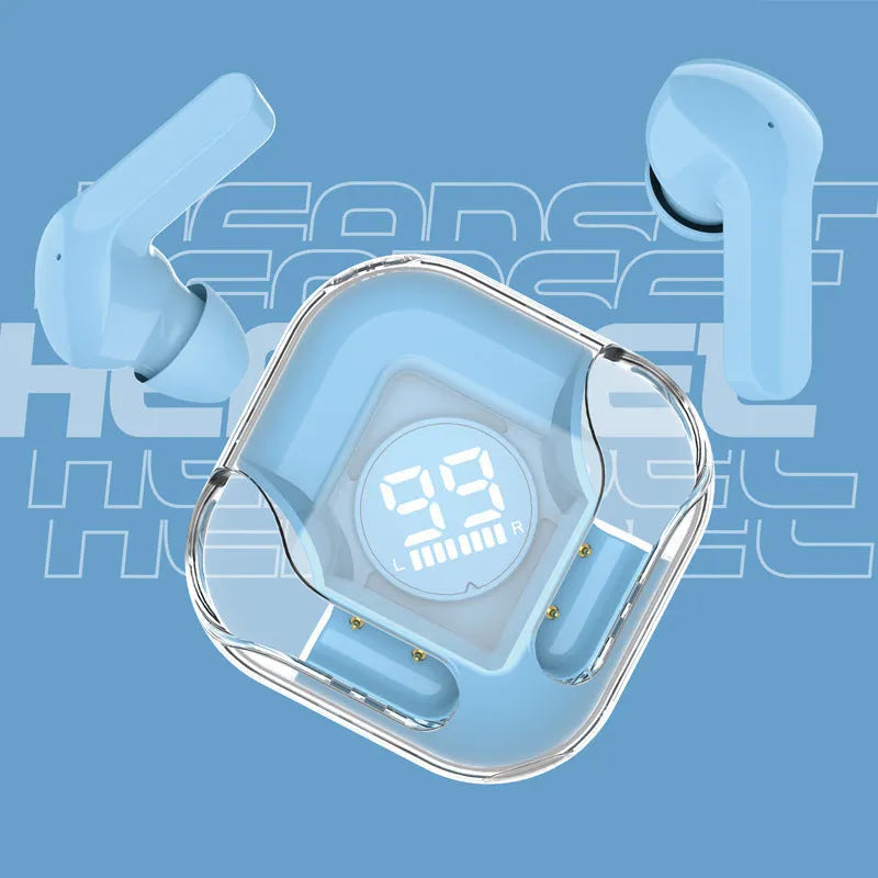 TWS wireless Bluetooth earphones in transparent white, black, pink, blue, and green colours with charging case