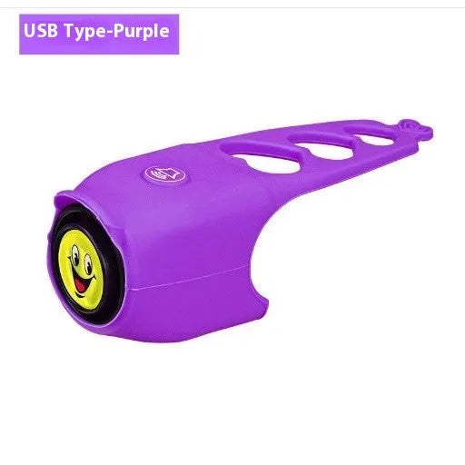Plastic electronic bicycle horn in six colour options shown with two 2032 batteries.