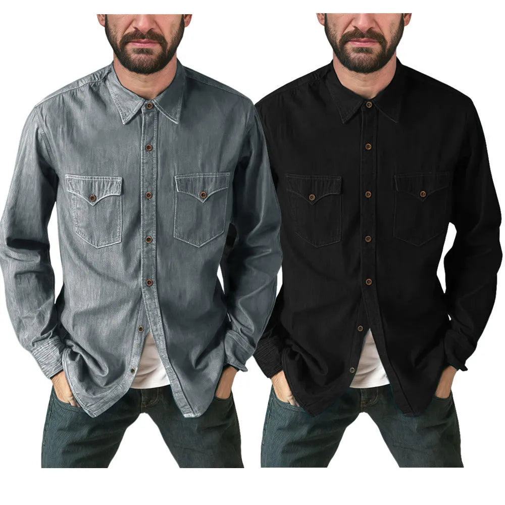 Denim cardigan coat in regular fit showing colour options of khaki, black, blue, and grey