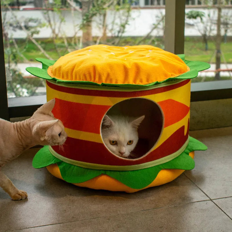 Crystal super soft velvet cat bed in French fries design with reversible cushion on white background