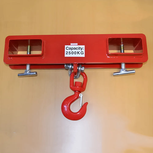25 tonne rotatable forklift crane hook with safety lock mounted on forklift forks.