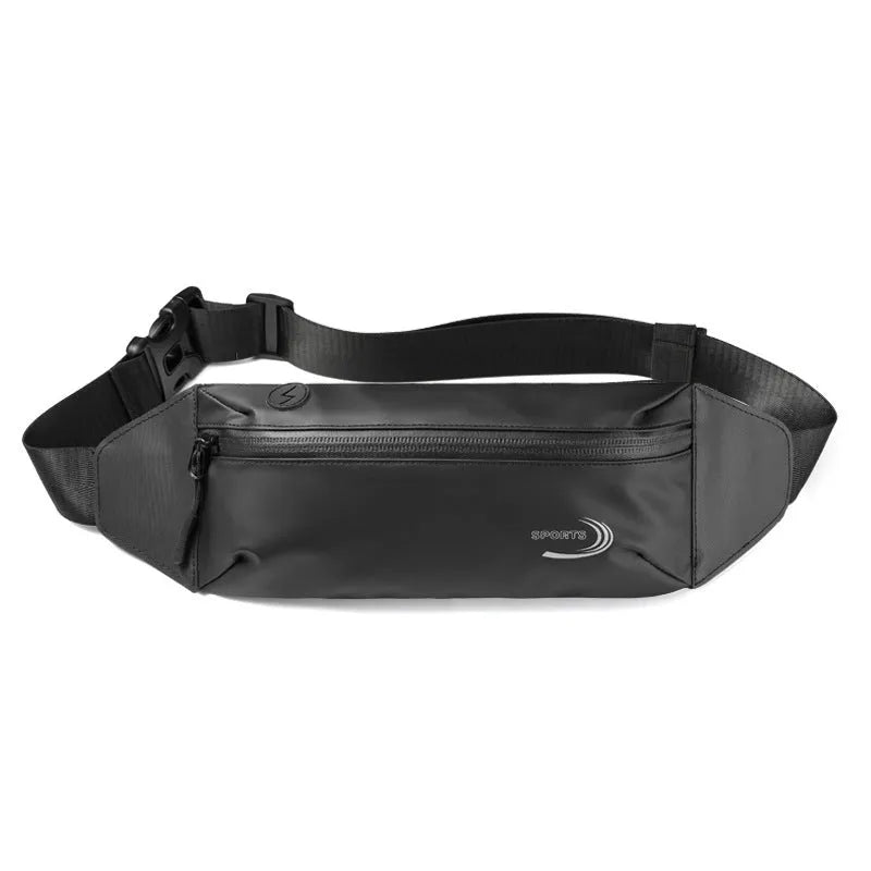 Men's waterproof waist bag in black, blue, and grey colours with 45cm by 10cm by 3cm dimensions
