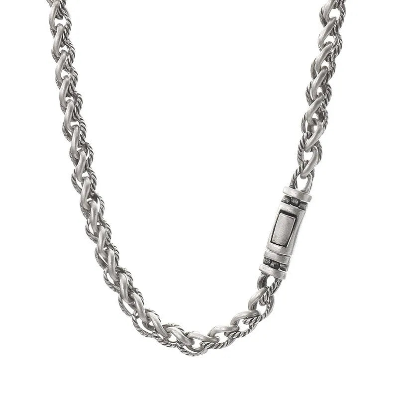 Men's titanium steel keel chain necklace with geometric pendant in antique silver finish.