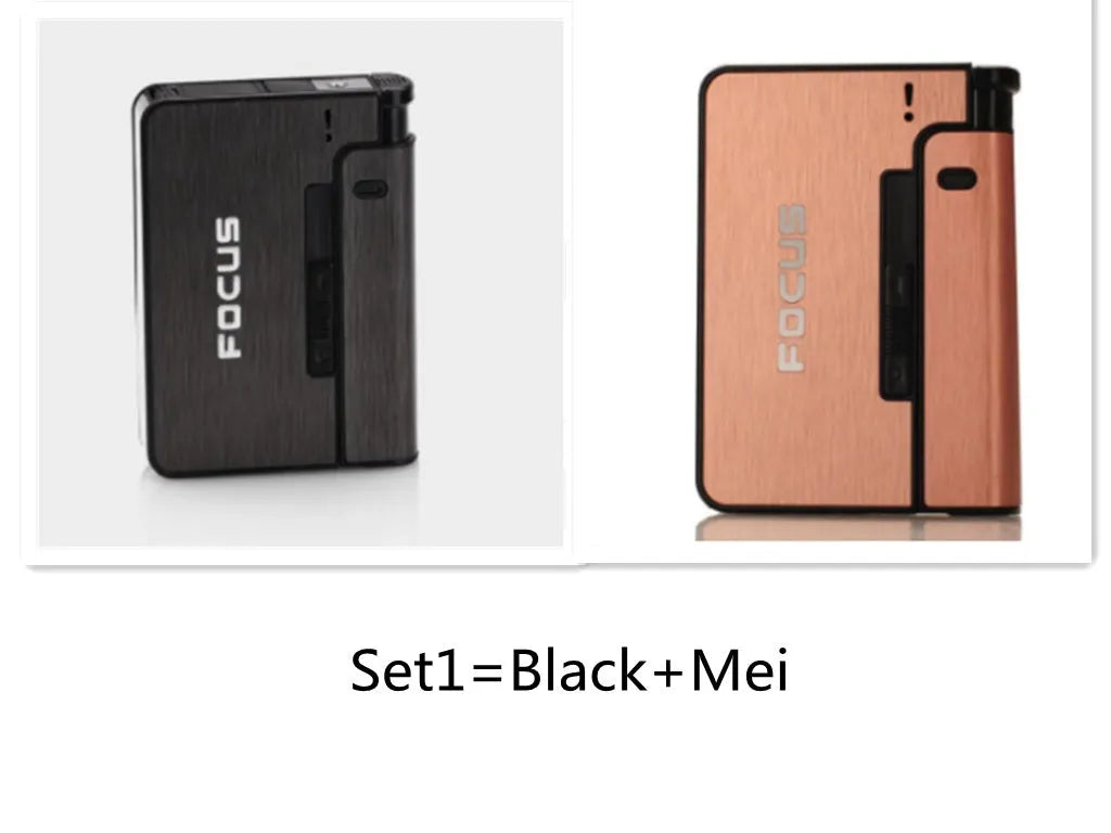 Two aluminium alloy automatic cigarette cases with brushed metal finish, one-button discharge, and removable lighter core on a dark background
