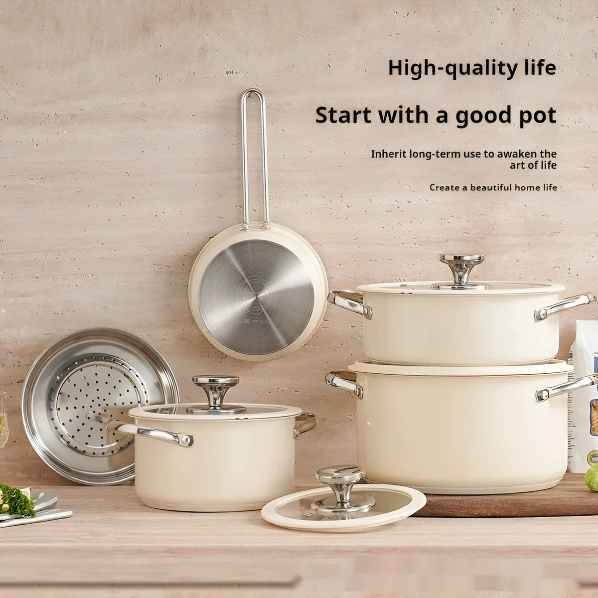 Four 304 stainless steel double bottom soup pots in beige with composite glass lids in a gift box