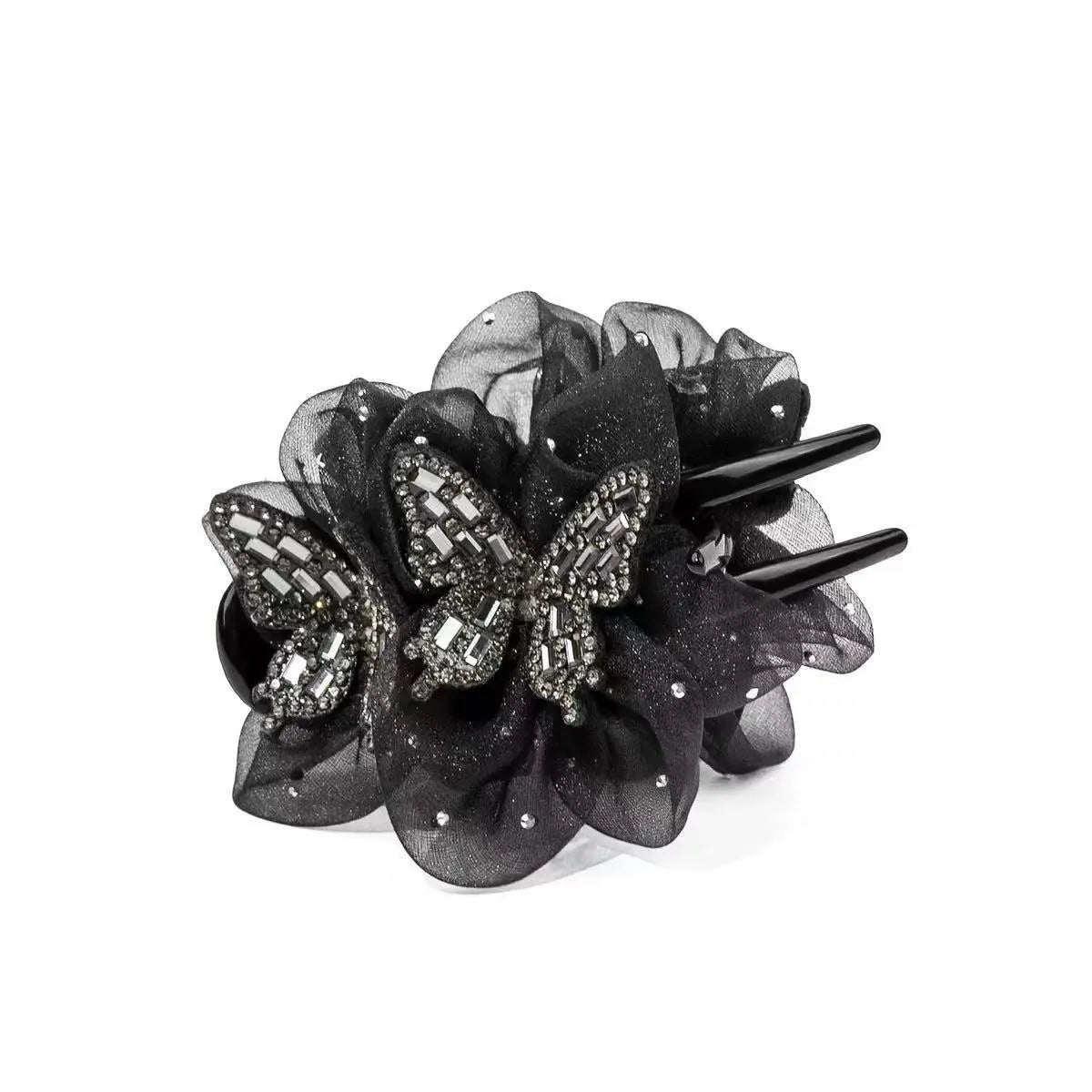 Double butterfly black veil bun grip barrette for women, single black hair accessory with butterfly detail