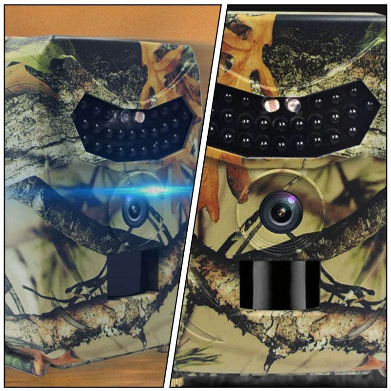 Yellow brown hunting game camera with infrared LEDs and wide-angle lens for outdoor monitoring