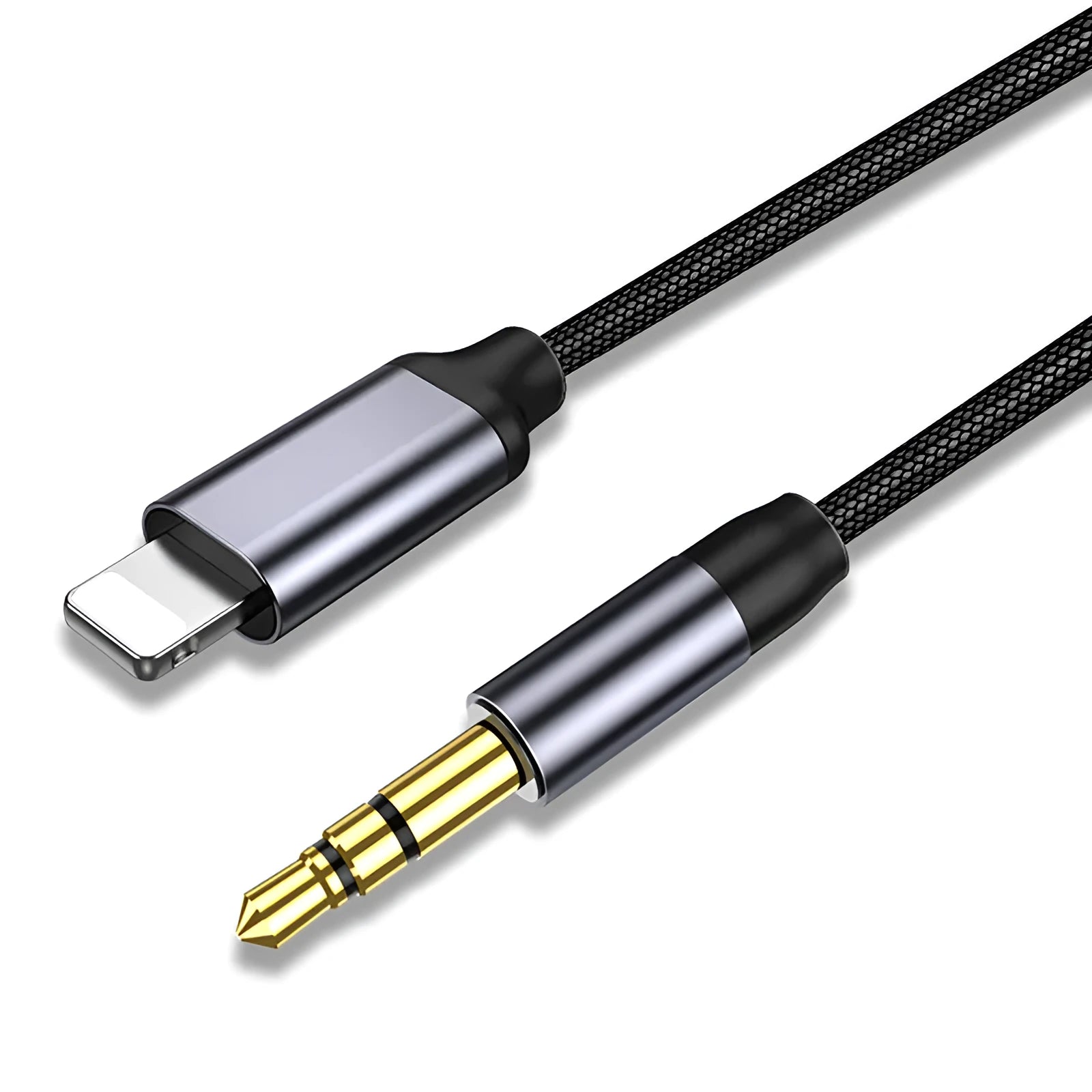 Nylon braided audio cable adapter for car stereo connection in black or silver colour