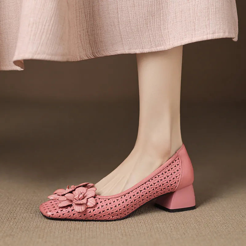 Light brown women's leather pumps with hollow weave design and a mid heel on a beef tendon sole.