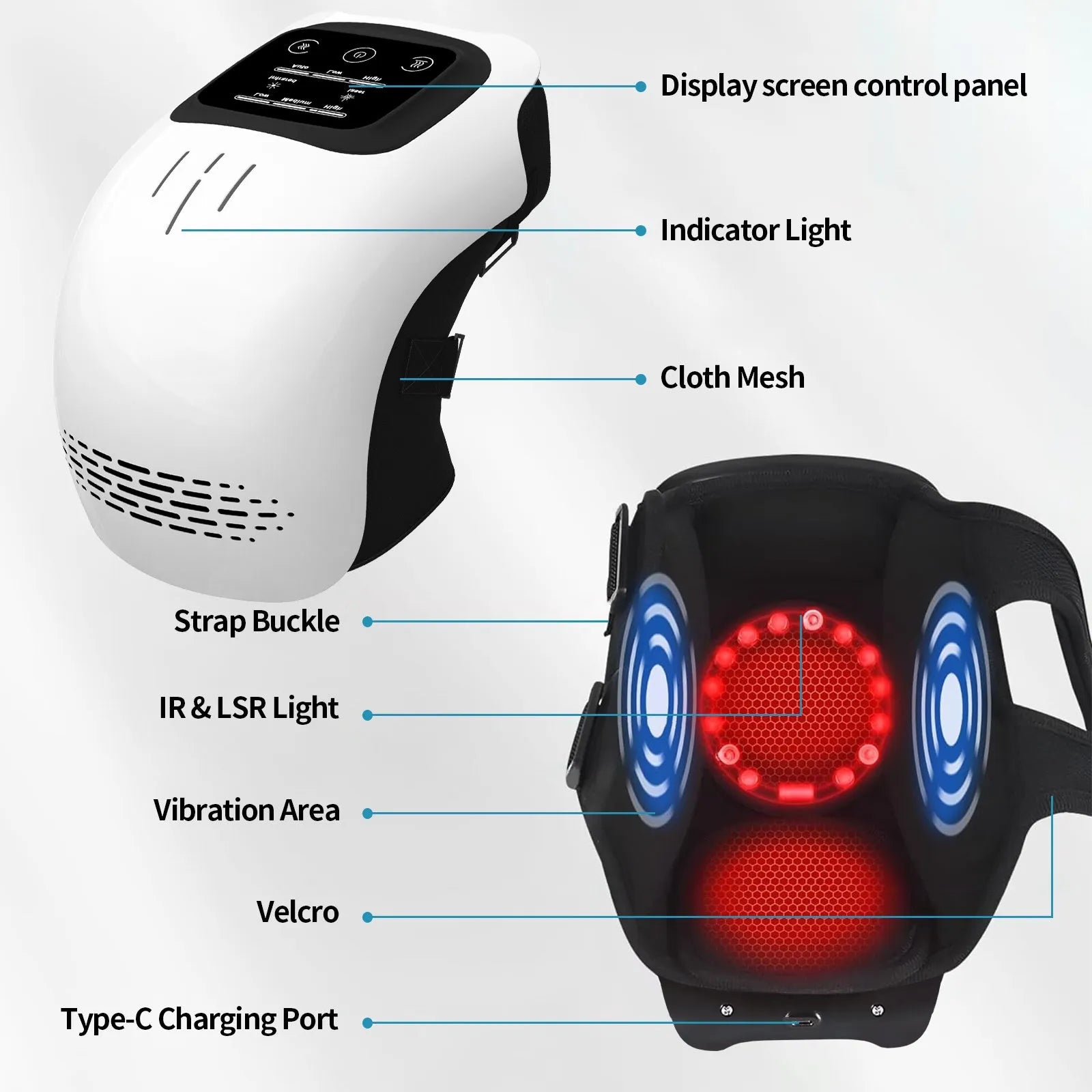 Rechargeable electric knee massager in white or wood colour with USB charging cable