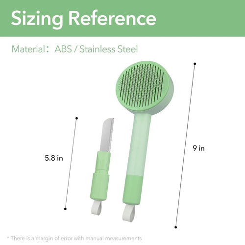 Green and yellow 2-in-1 pet grooming and deshedding brush with curved stainless steel teeth on a white background.
