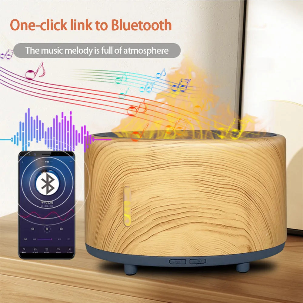 Flame humidifier with Bluetooth remote control and LED light in dark wood grain finish