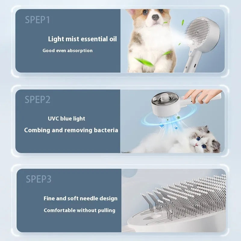 Ceramic White pet grooming brush with UVC light and essential oil spray tank for dogs and cats.