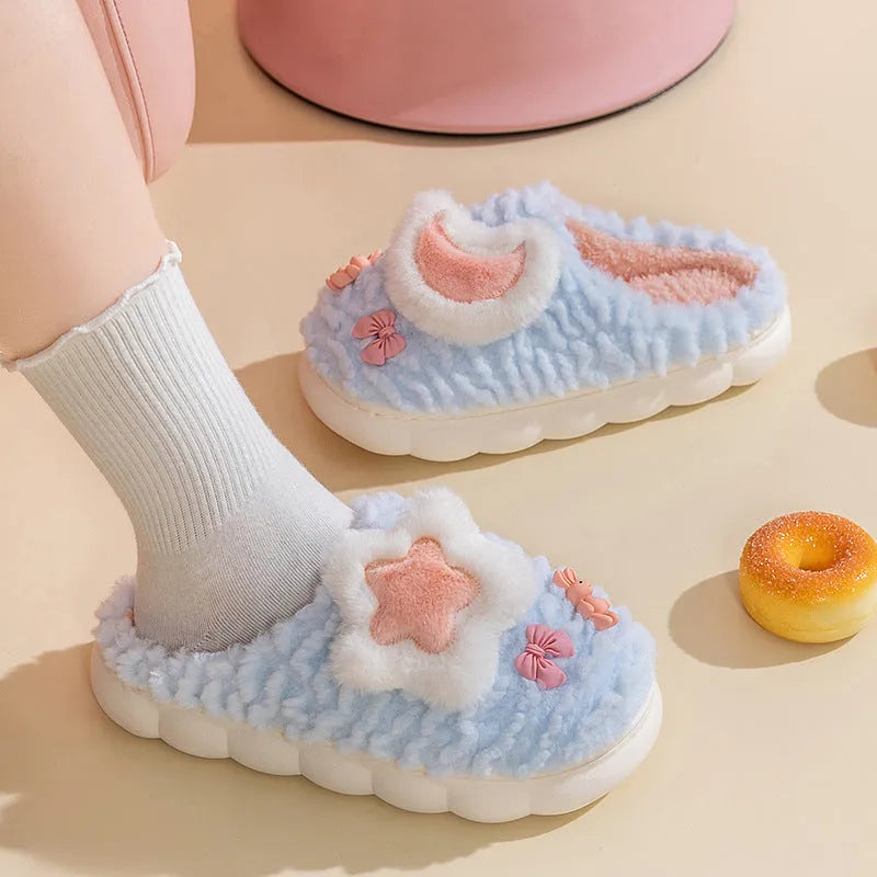 Women's light blue cartoon fleece-lined slippers with animal print and PVC sole