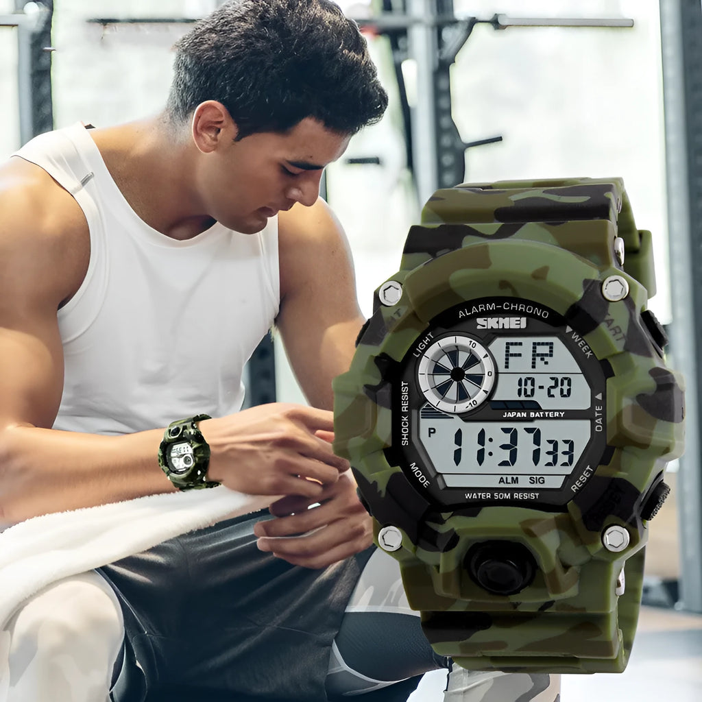 Men's digital sport watch with round dial and plastic strap in army green colour