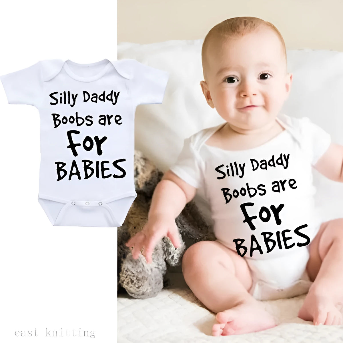 White unisex triangle climbing vest with Silly Daddy Boobs Are For Babies wording, polyester cotton, sizes S to 3XL