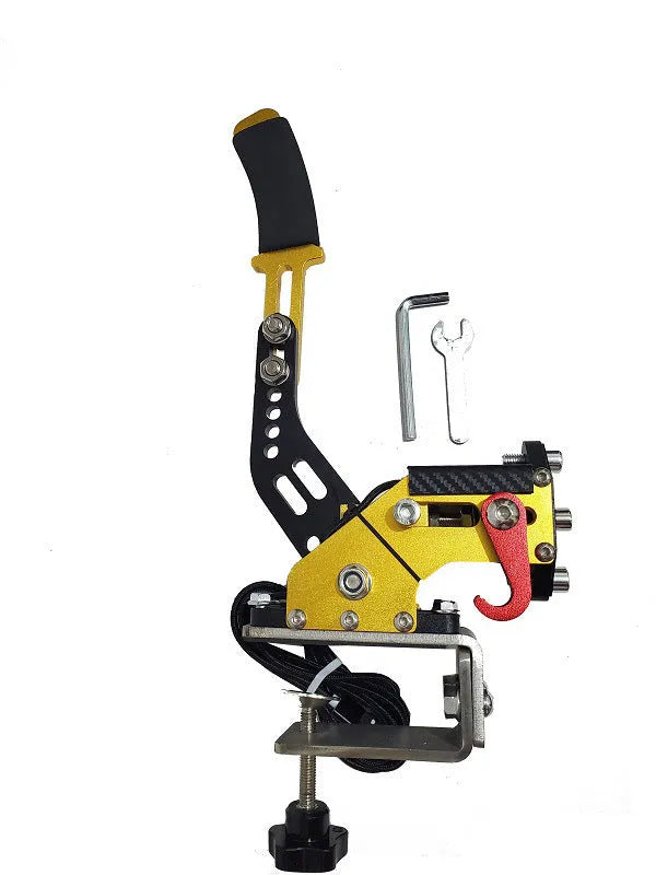 USB PC sim racing handbrake with linear lever and adjustable mounting clamp in multiple colours.
