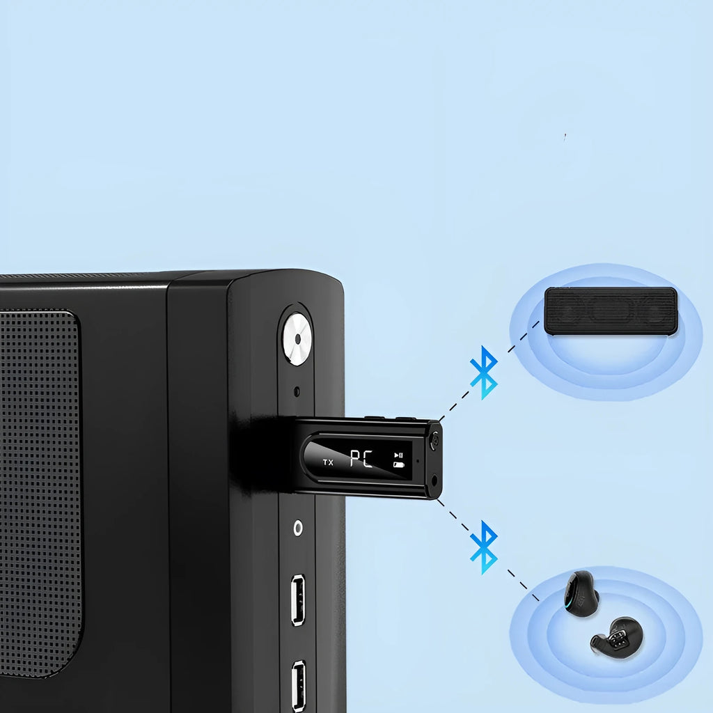 Black USB car FM Bluetooth receiver with AUX input for wireless audio streaming