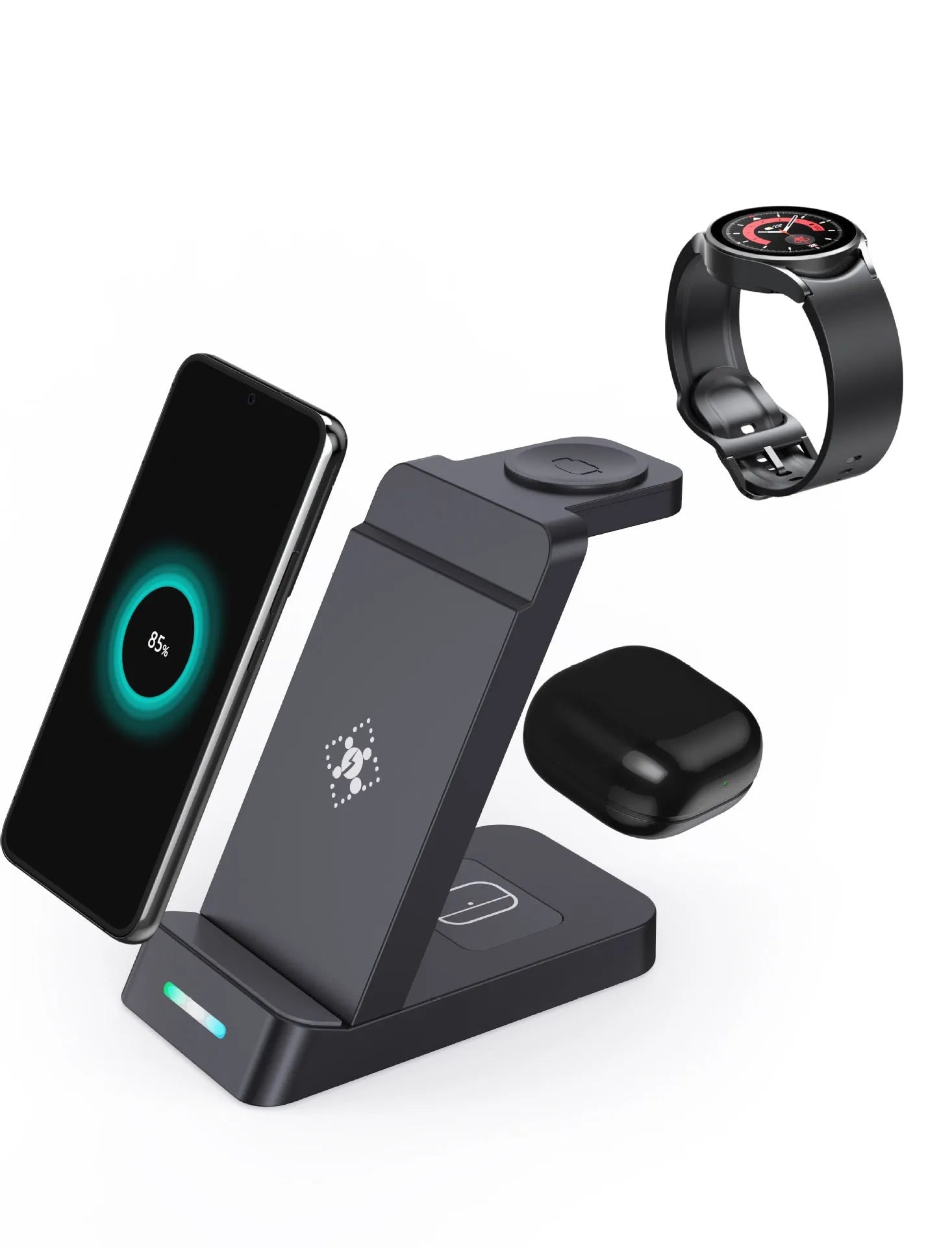 Black 3-in-1 wireless fast charging station holding a phone, AirPods case and an iWatch on a desk.