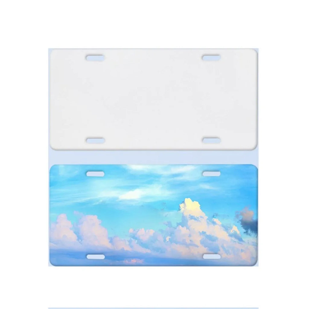 A single white rectangular aluminium licence plate blank metal sheet on a grey background.
