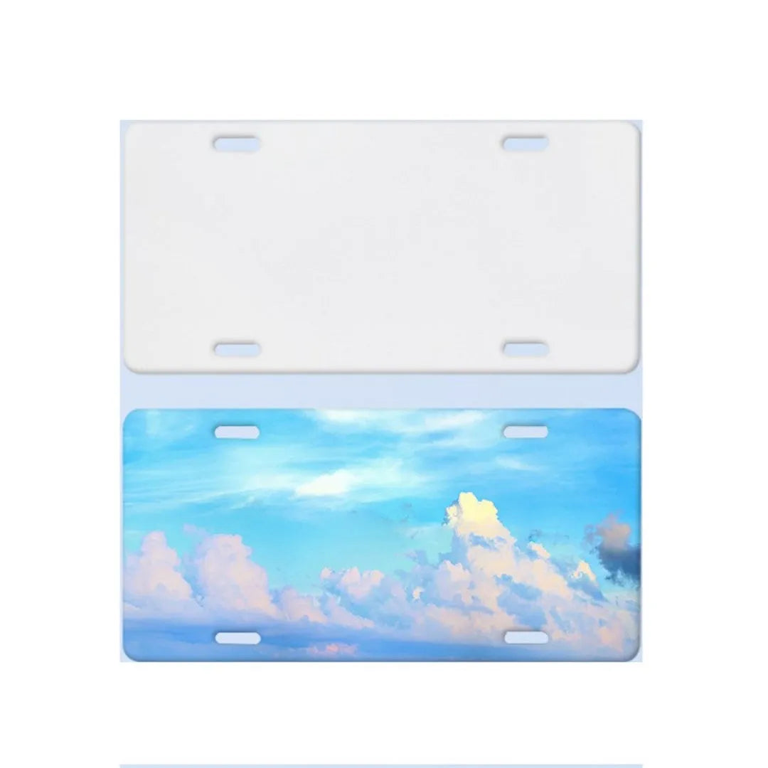 A single white rectangular aluminium licence plate blank metal sheet on a grey background.
