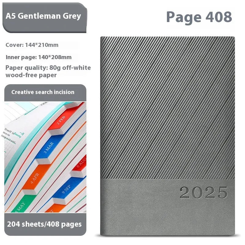 A4 notepad with striped PU leather cover open on 80g paper, showing 408 pages.
