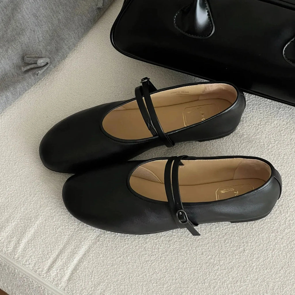 Soft retro Mary Jane shoes round toe sheepskin leather buckle flat shoes black women