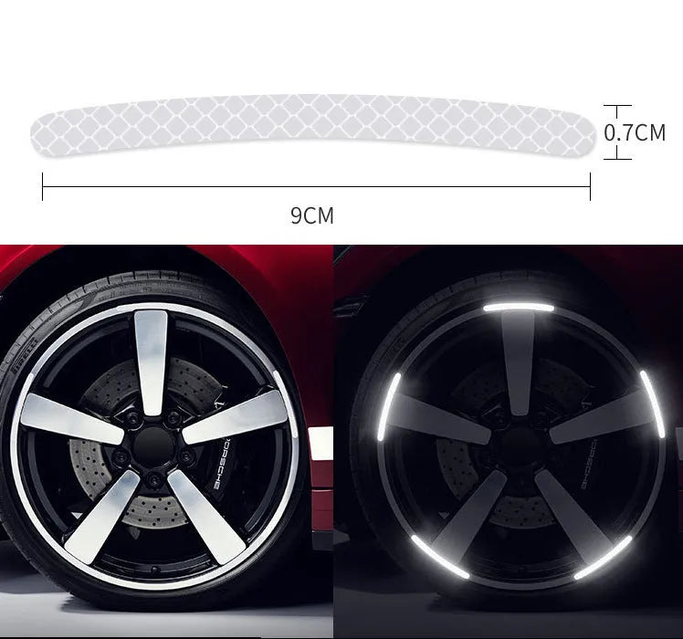Twenty arc-shaped PVC reflective stickers for car wheel hub application in selected colour