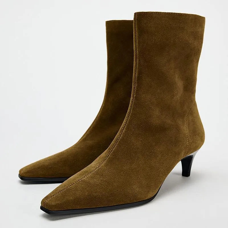 Brown square toe kitten heel boots with side zipper and low tube design