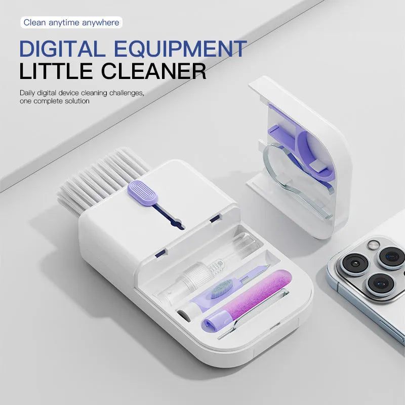 Portable 11 in 1 cleaning kit with brushes and storage box in blue and orange for keyboard and phone screen cleaning