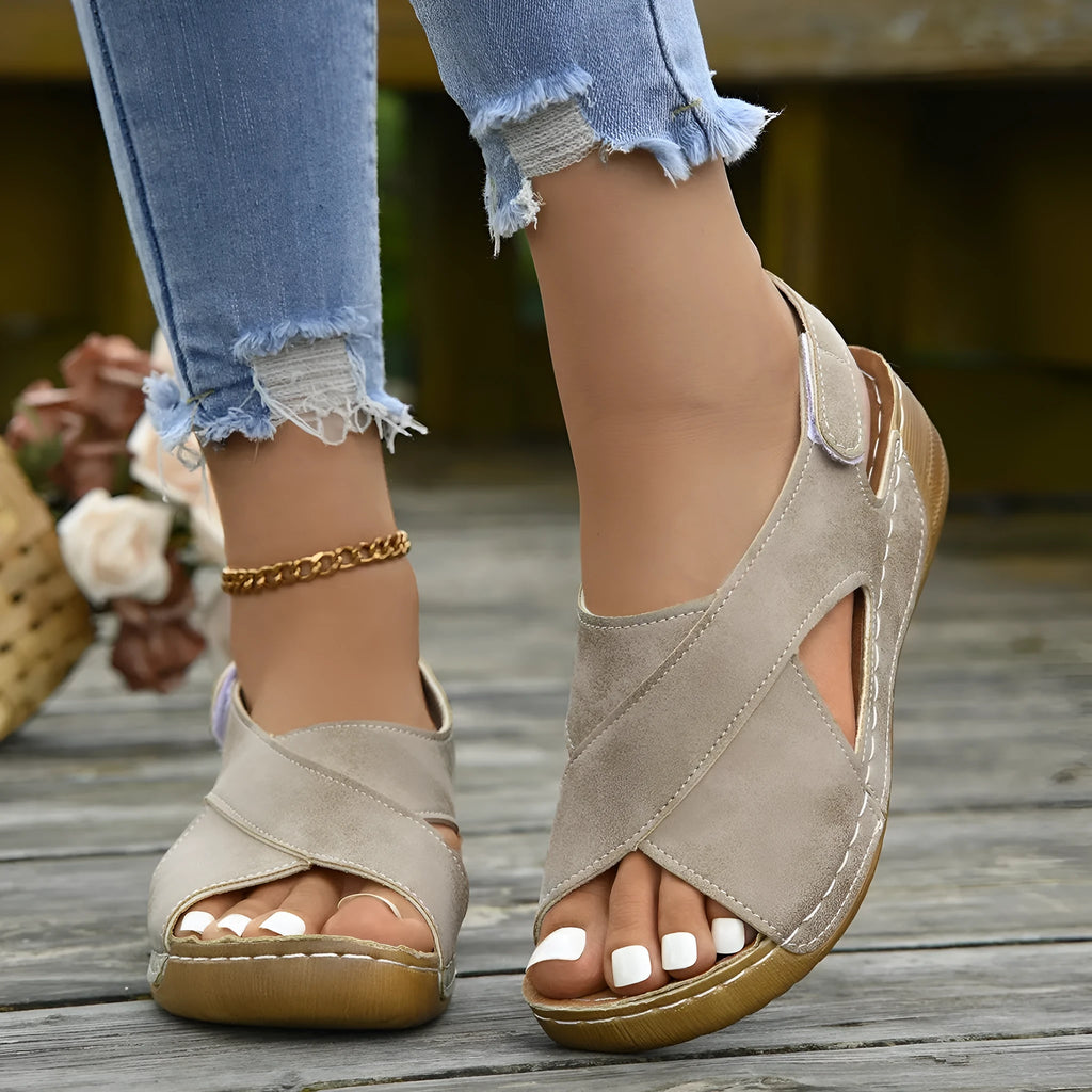 Roman style platform sandals with skirt detail and Velcro strap in khaki colour
