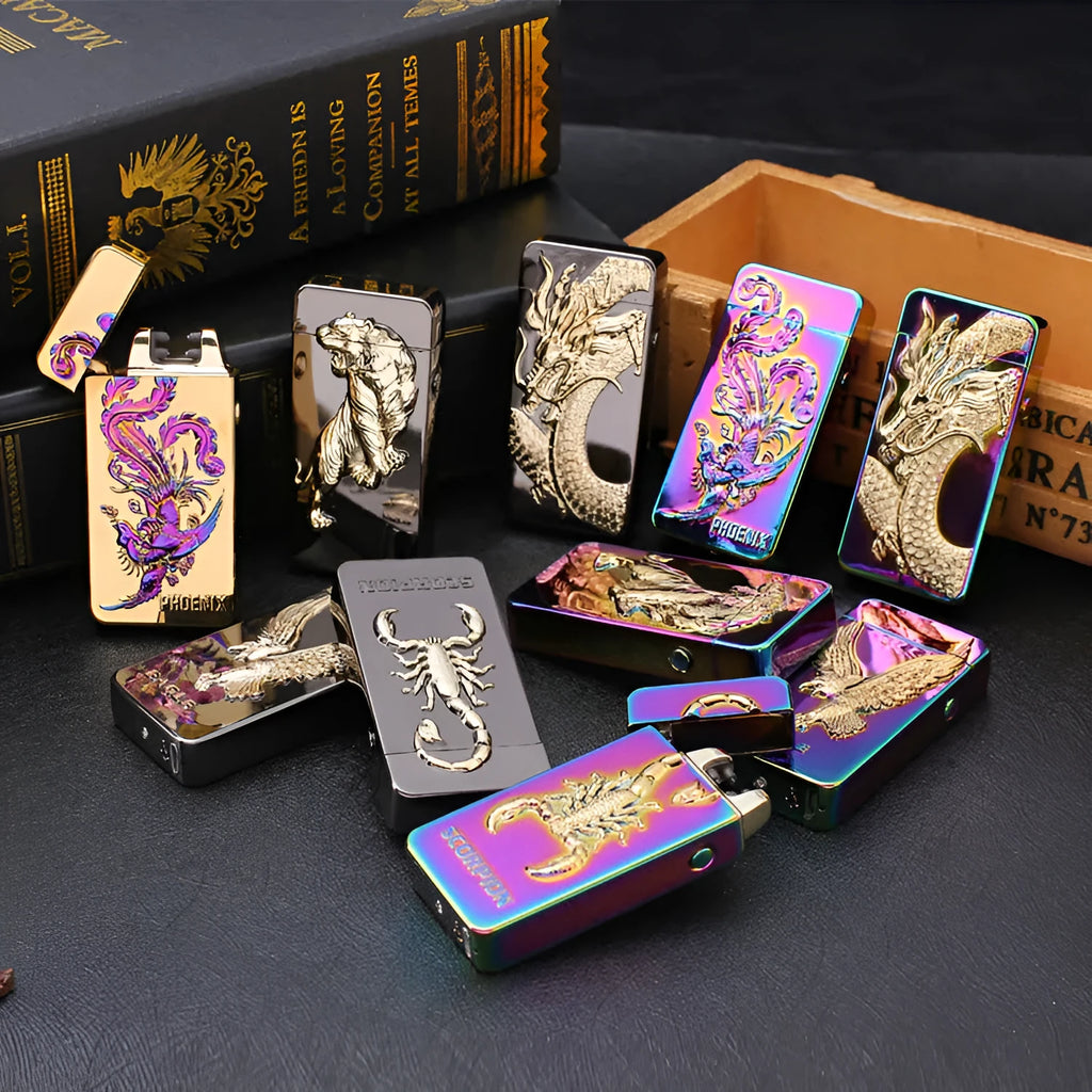 USB rechargeable metal windproof lighter with colour ice Golden Dragon design, size 73.5x35x13mm