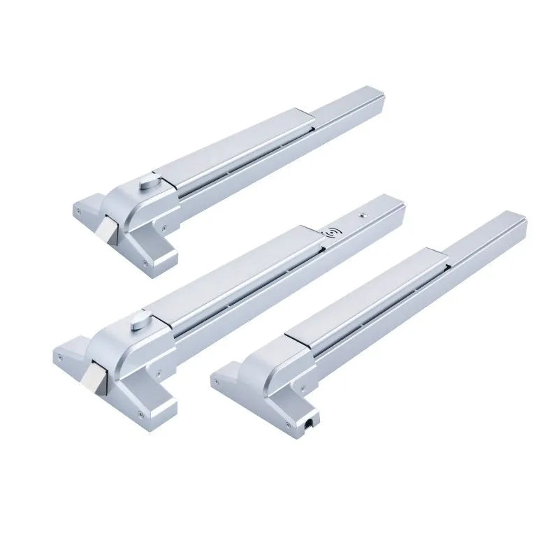 Stainless steel fireproof door push lock with an external handle on a door.