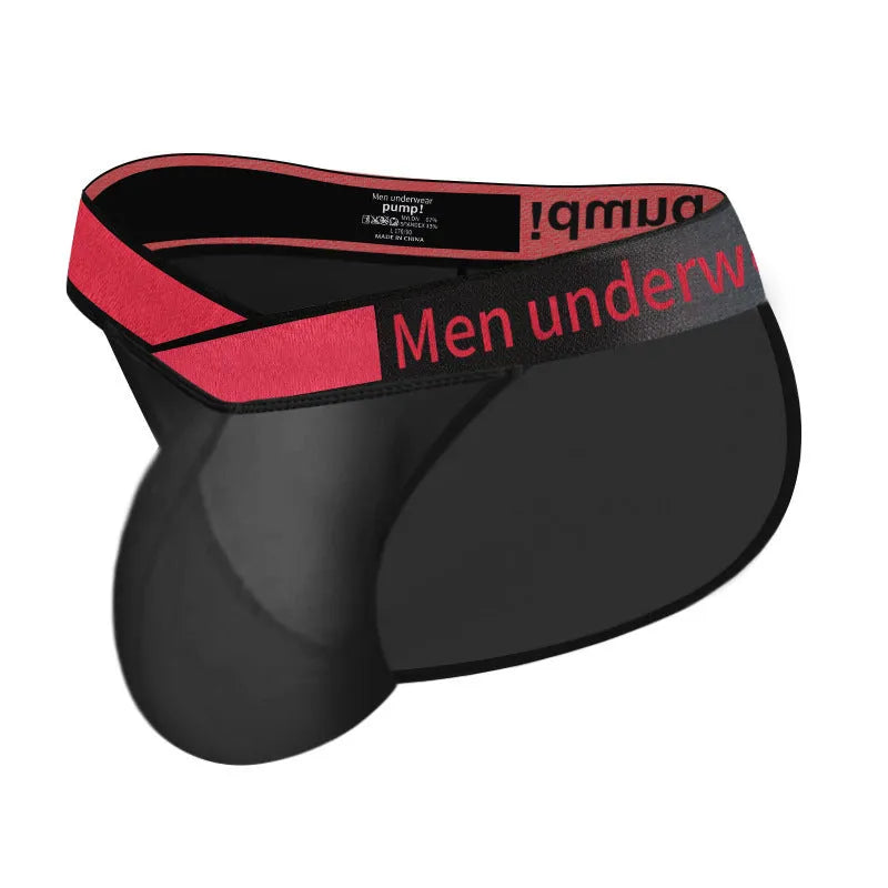 Men's transparent ice silk briefs in solid colour with low waist and V gradient high fork design