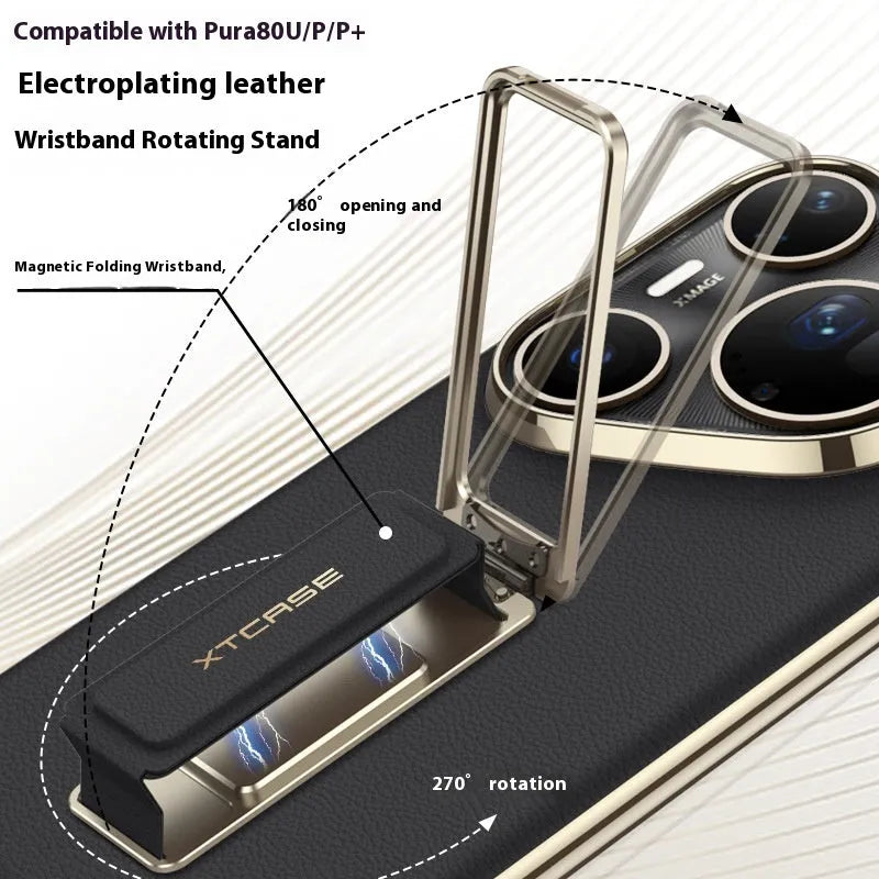 Huawei Pura80Ultra imitation leather phone case with wrist strap and rotating metal bracket