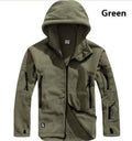 Men's military tactical jacket in Army Green with warm hood, soft shell fabric for outdoor hiking and sports