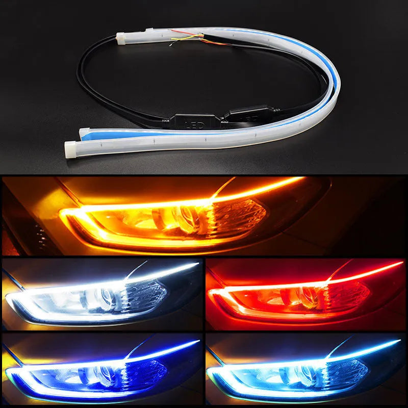 Car LED daytime running light strip with flowing turn signals in silicone waterproof construction