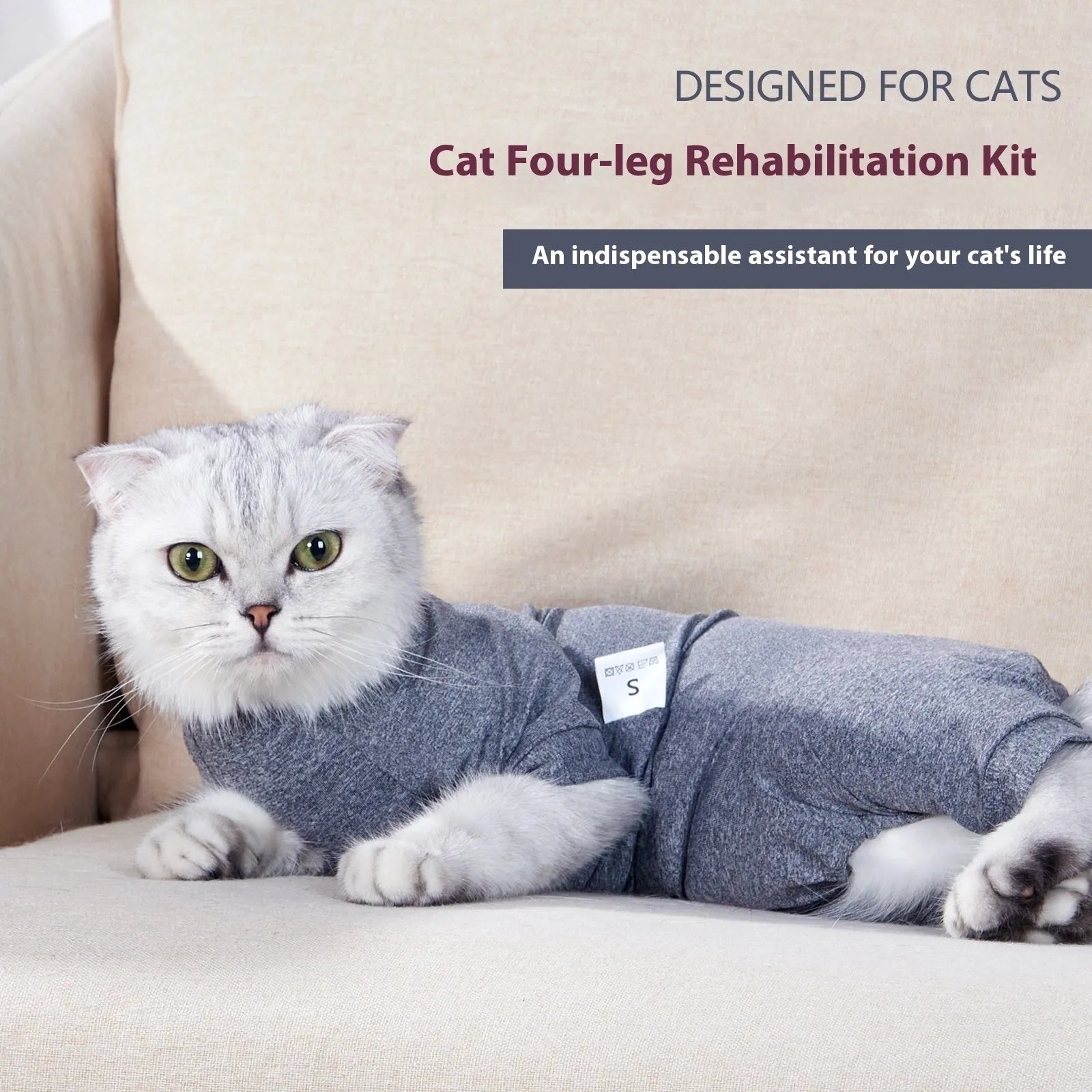 Cat neutering suit in blending gray polyester fabric for post-surgery recovery, with size options from XS to L