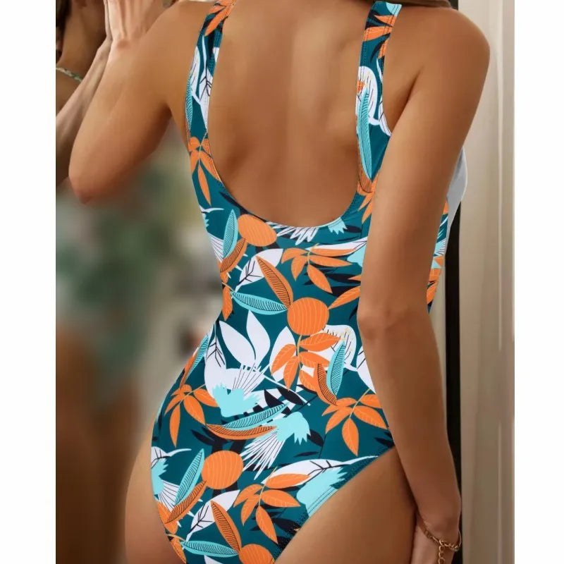 Women's high waist one-piece swimsuit with printed pattern in polyester-nylon quick-drying fabric