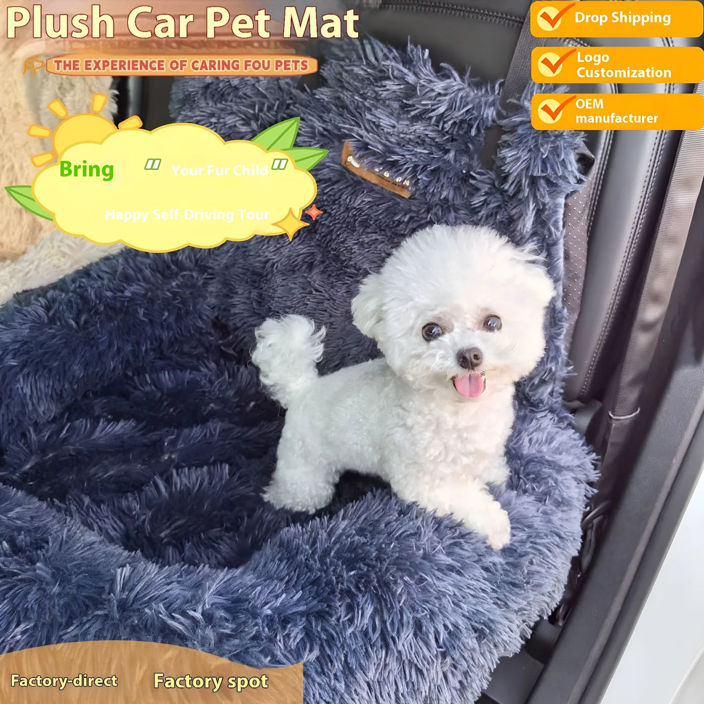 Beige and dark grey winter thermal pet car mats showing raised edge design, in two sizes for vehicle use.