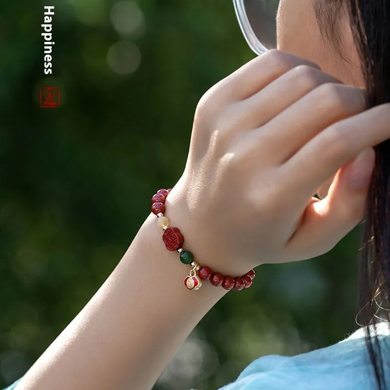 New Chinese style emperor sandstone happy eyebrow bracelet with cinnabar beads and fu character element