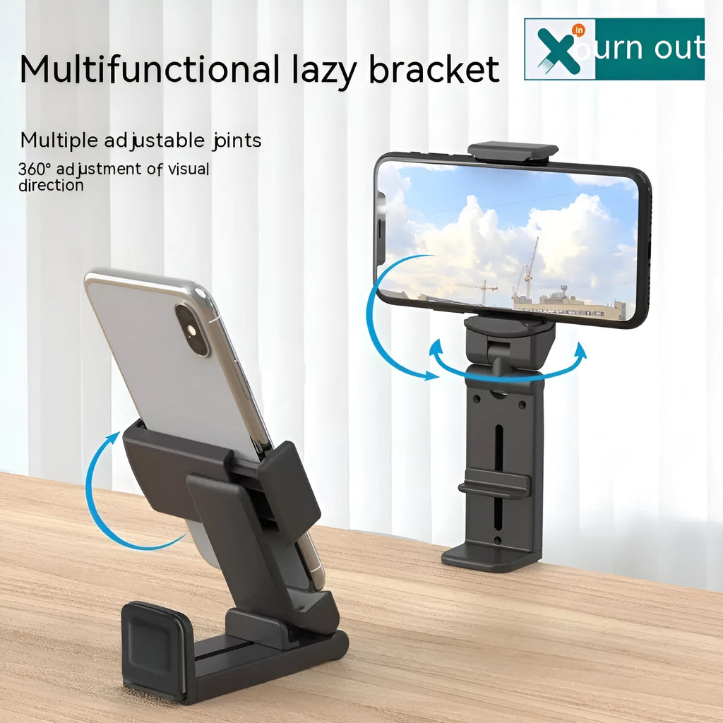 Black ABS foldable mobile phone holder with 360 degree rotation, universal style, for travel and desk use.