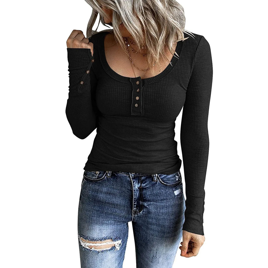 Women's V-neck long sleeve solid colour cotton blend pullover top in black, slim fit