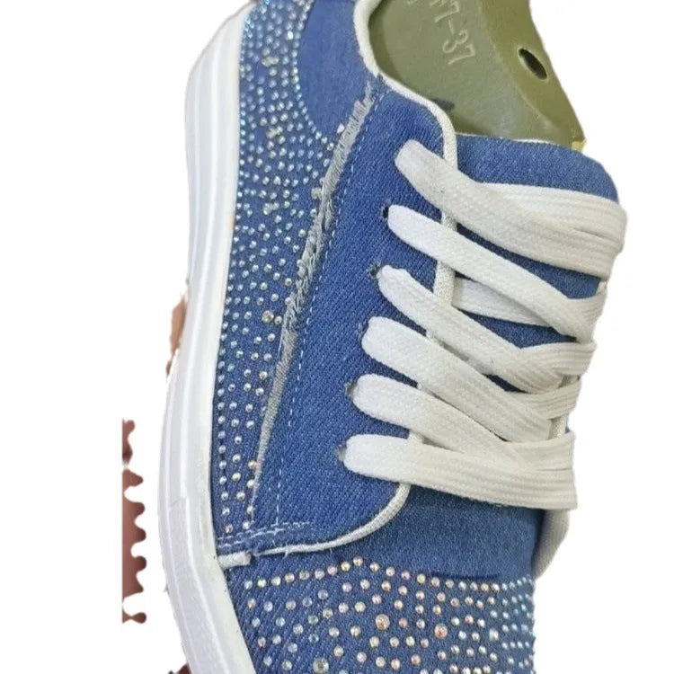 Plus size women's black casual shoes with rhinestone detail, thick rubber sole, and lace-up closure